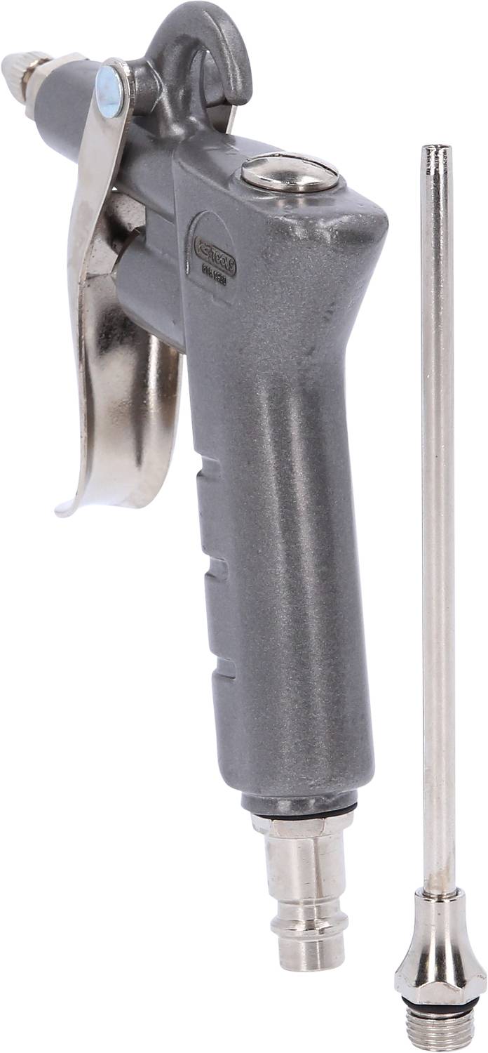 Un pistolet à air comprimé argenté avec un long embout étroit, utilisé pour des travaux de nettoyage à l'air comprimé.