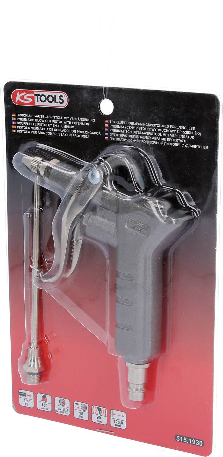 L'emballage présente un pistolet pneumatique gris de 'KS Tools' avec ses accessoires, adapté à de multiples applications en atelier.