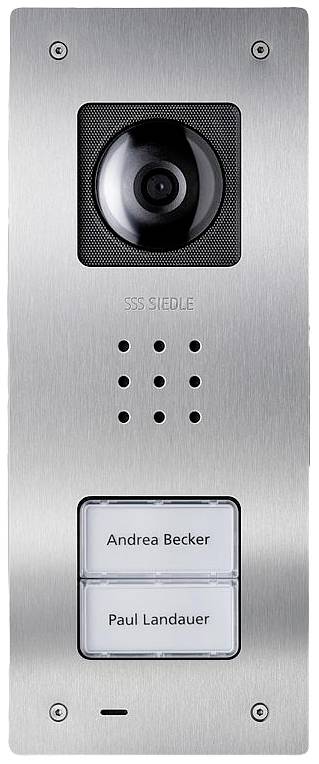Interphone en acier inoxydable avec caméra et deux boutons de sonnette, portant les inscriptions 'Andrea Becker' et 'Paul Landauer'.