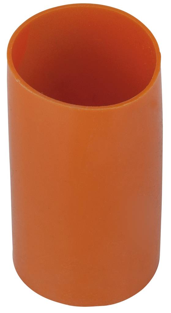 Un tube en plastique orange, cylindrique, debout verticalement, avec une extrémité ouverte en haut.