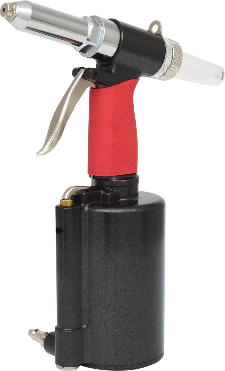 Outil pneumatique avec un cylindre noir et une poignée rouge pour la fixation de rivets. Adapté aux applications industrielles.