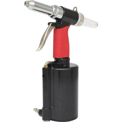 Outil pneumatique avec un cylindre noir et une poignée rouge pour la fixation de rivets. Adapté aux applications industrielles.
