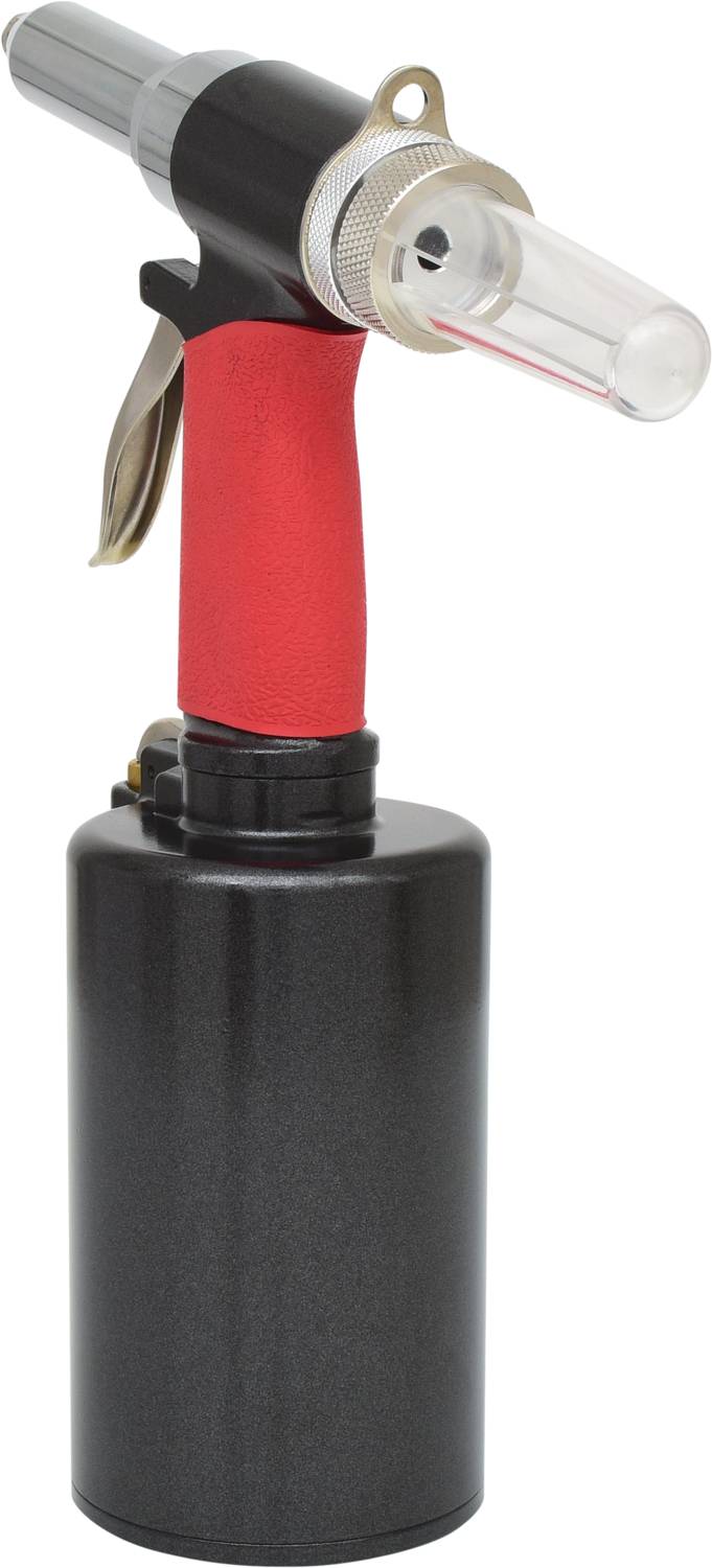 Un chalumeau avec un réservoir cylindrique noir et une poignée rouge, adapté pour les travaux de soudure ou le chauffage de matériaux.