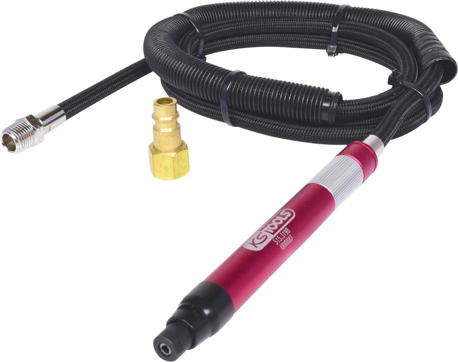 Meuleuse pneumatique à manche avec boîtier rouge et flexible souple. Adaptée aux travaux de meulage précis dans l'industrie et l'artisanat.