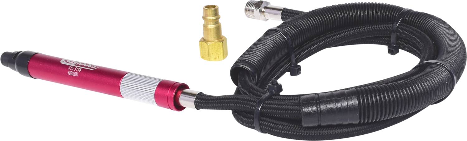 Un stylet de perçage pneumatique rouge avec un tuyau noir et un adaptateur métallique, utilisé pour des travaux précis de métal ou de bois.