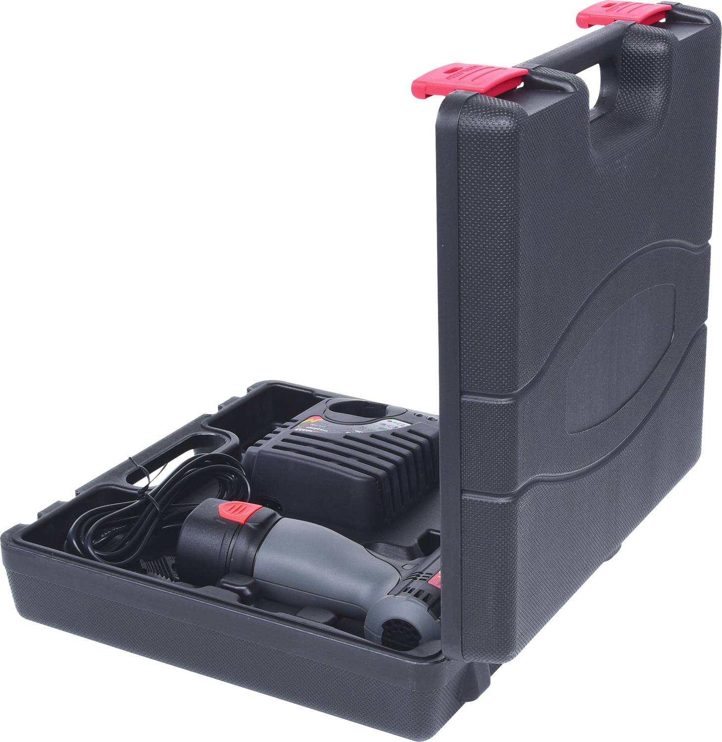Une valise à outils noire avec un fermoir rouge, contenant une meuleuse d'angle électrique et ses accessoires.