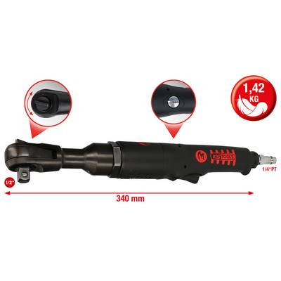 Tournevis à cliquet pneumatique, 340 mm, Poids : 1,42 kg, Raccord 1/4" PT, Carré de transmission 1/2"