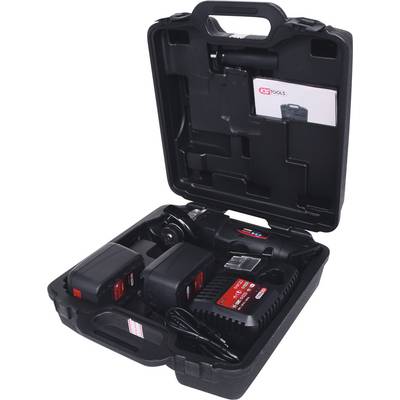 Une mallette à outils contenant un tournevis sans fil, son chargeur et deux batteries. La mallette est ouverte et présente tous les composants qu'elle renferme.