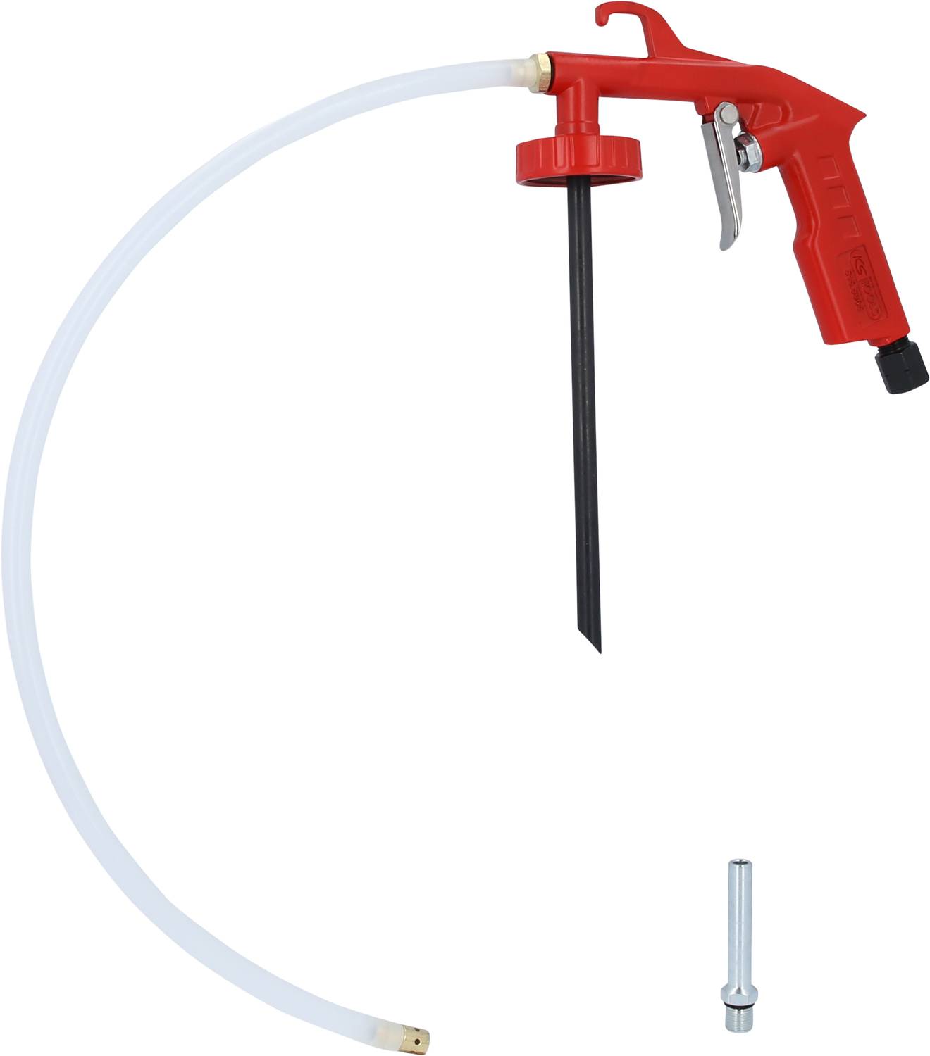 Appareil de débouchage avec poignée rouge et long tuyau flexible pour éliminer les obstructions dans les canalisations.