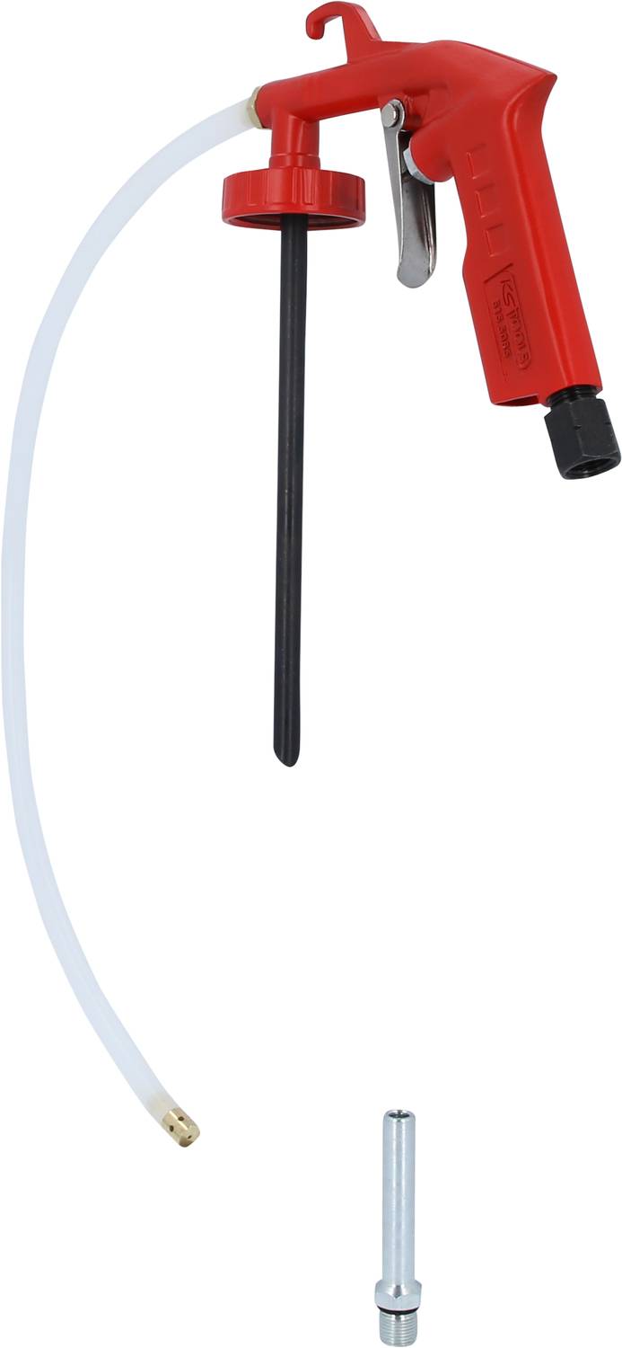 Pompe à huile rouge avec un long tuyau flexible et une buse séparée.