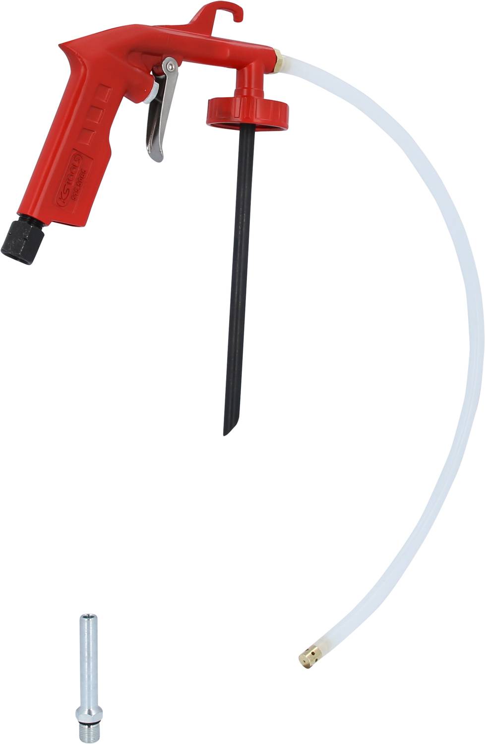 Une pistolet d'aspiration d'huile rouge avec un long tube d'aspiration noir et un tuyau flexible blanc.