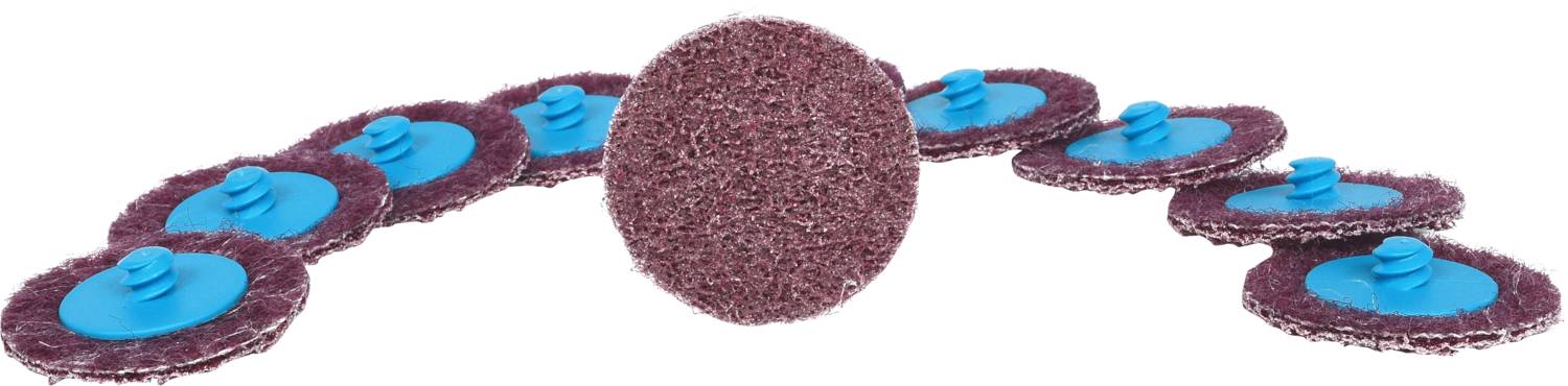 Image d'une rangée de tampons de ponçage bleus avec du matériau de ponçage bordeaux.