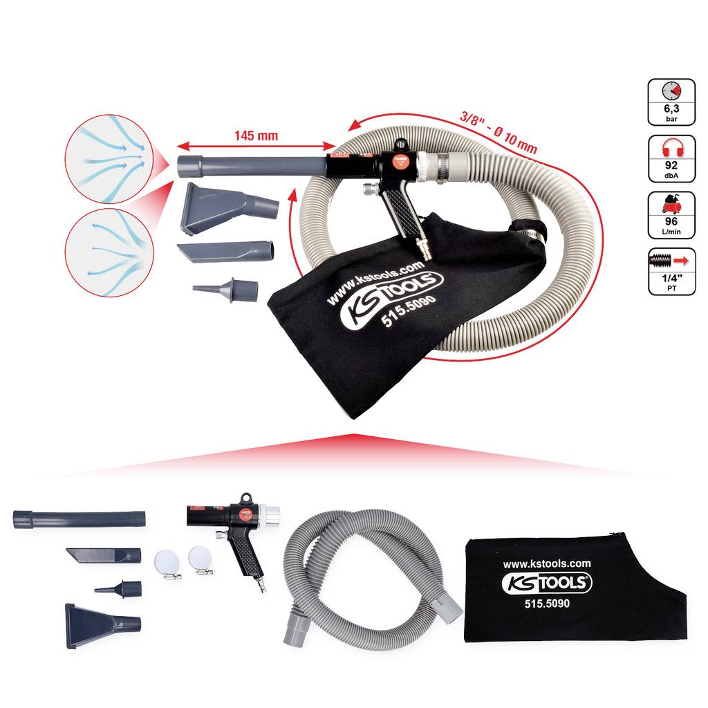 Pistolet de sablage pneumatique 'KS Tools' avec accessoires, comprenant des buses et un tuyau, adapté pour le nettoyage de surfaces et l'élimination de la rouille.