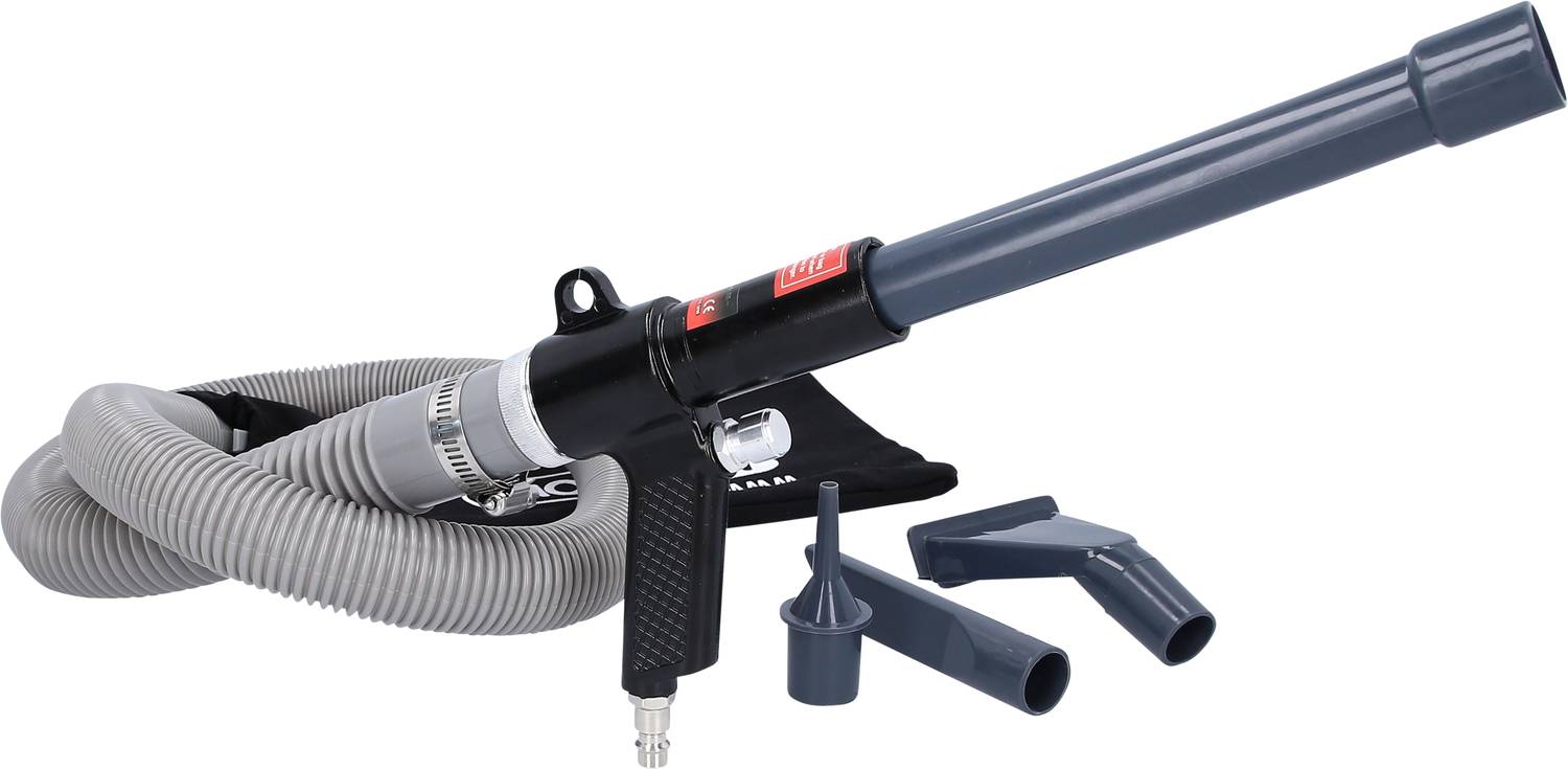 Un aspirateur pneumatique avec tuyau, poignée et plusieurs accessoires. Idéal pour le nettoyage d'ateliers ou de machines.