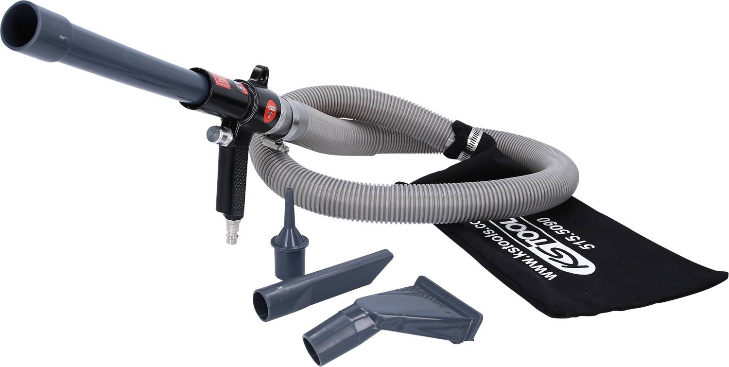 'Ensemble de nettoyage pneumatique pour intérieur de voiture avec tuyaux flexibles et buses variées, comprenant un grand sac à poussière noir.'