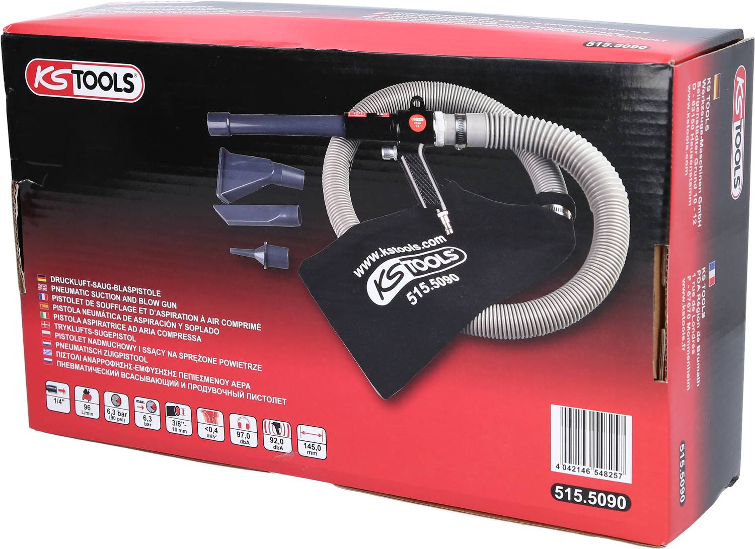 Emballage d'un appareil de sablage KS Tools avec tuyau d'air, buse et sac à poussière. Le numéro de produit et le site web sont visibles.