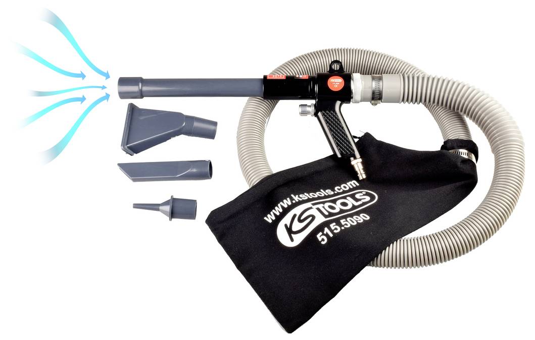 Un pistolet de sablage avec différentes buses et un sac à poussière. Idéal pour le nettoyage et les travaux de surface.