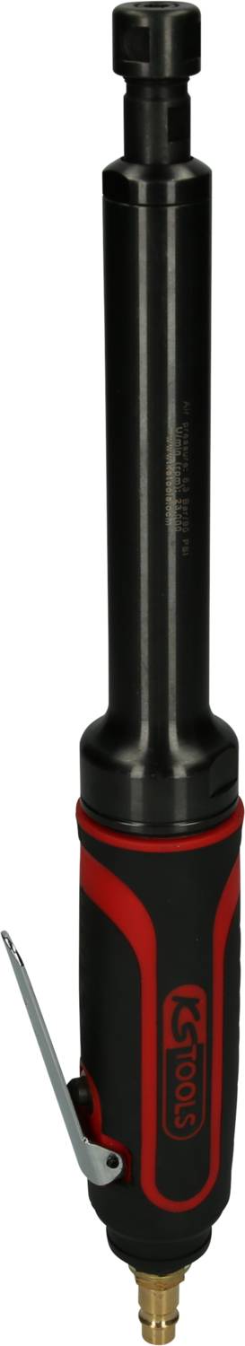 Machine de forage pneumatique noire et rouge avec un boîtier long et élancé, et un raccordement d'air comprimé à l'extrémité inférieure.