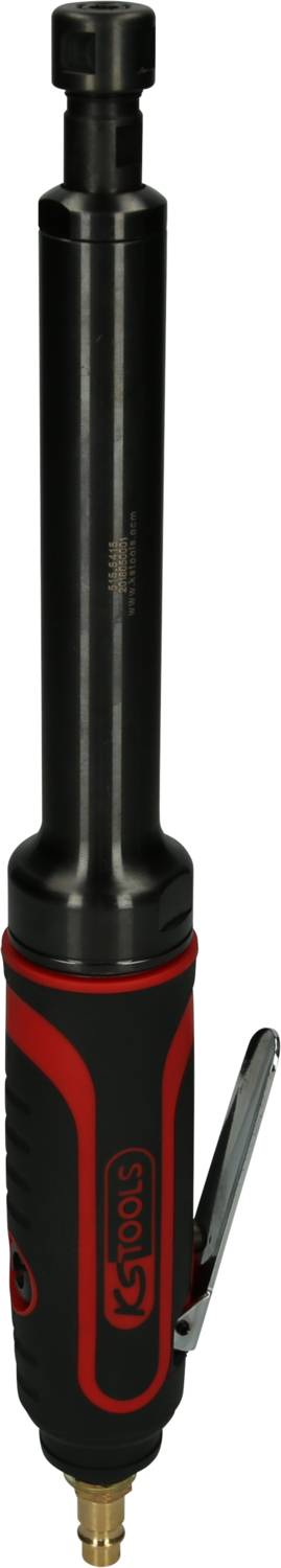 Un rectifieuse droite pneumatique avec un boîtier noir et des accents rouges. Elle dispose d'un levier métallique sur le côté pour le contrôle.