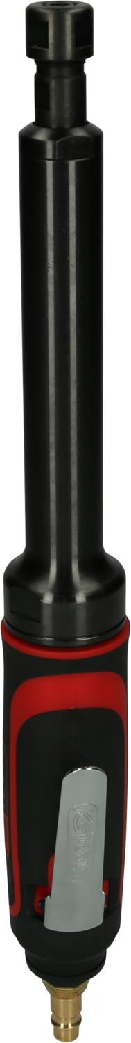 Un meuleuse droite pneumatique noir et rouge au design cylindrique étroit, adaptée pour le meulage et le polissage précis.