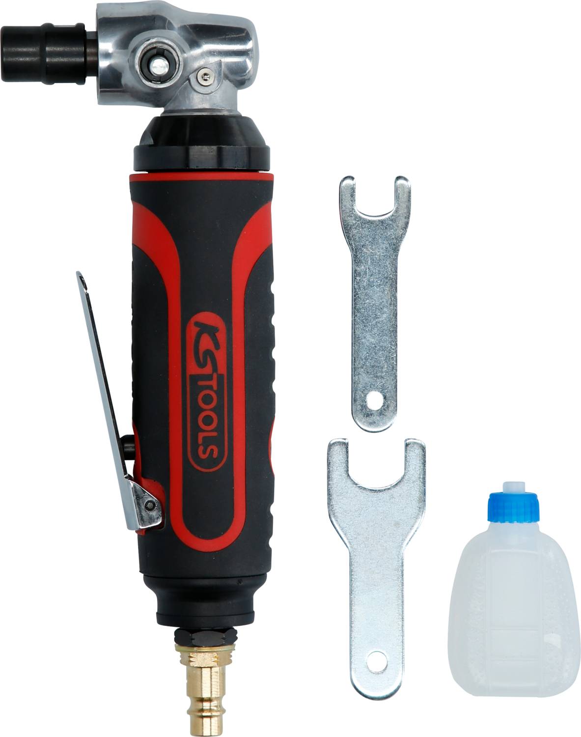 Une meuleuse d'angle avec une poignée rouge et noire, deux outils métalliques pour l'ajustement et une petite bouteille en plastique.