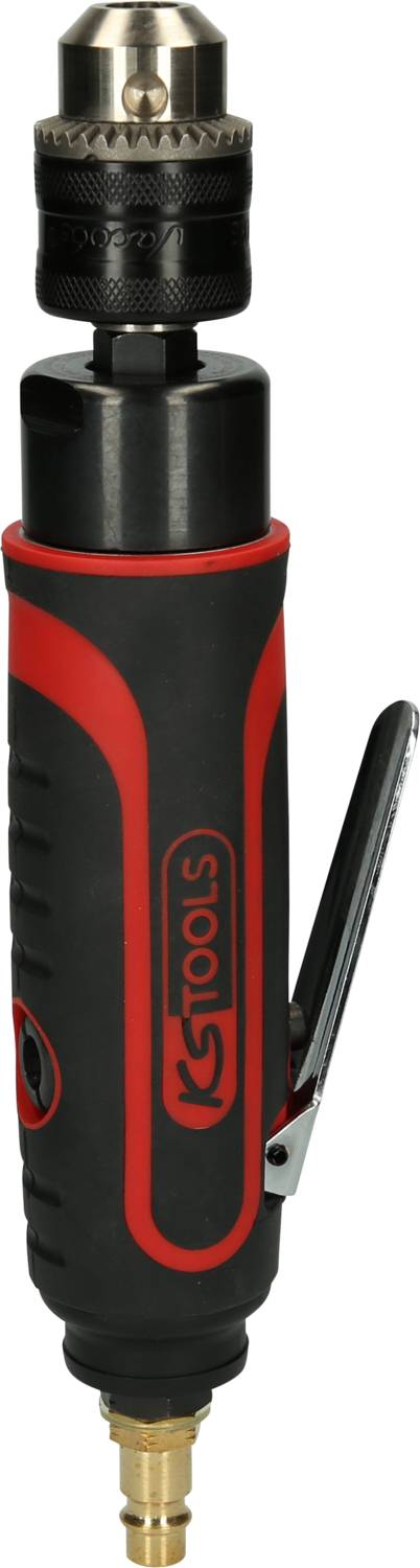 Un tournevis d'angle pneumatique à poignée rouge et noire, en métal avec des éléments en plastique, conçu pour des travaux de vissage précis.