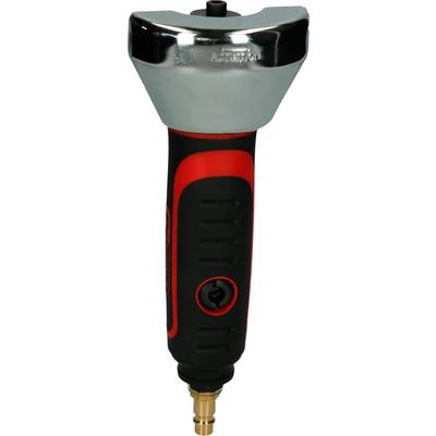 Un tournevis à percussion pneumatique avec poignée ergonomique en noir et rouge. La partie supérieure est en métal. Utilisé pour les travaux de vissage.