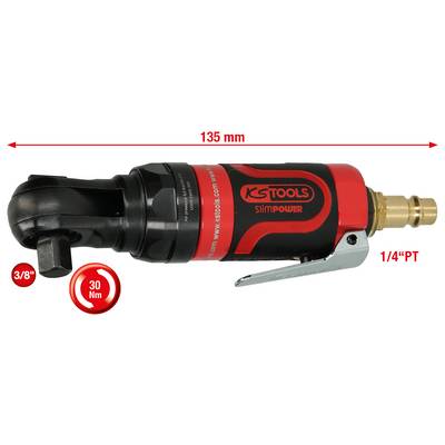Cliquet pneumatique 1/4", long de 135 mm, marque 'KS Tools'. Couple de serrage 30 Nm. Adaptateur 3/8". Conception compacte, principalement conçu pour les espaces restreints.