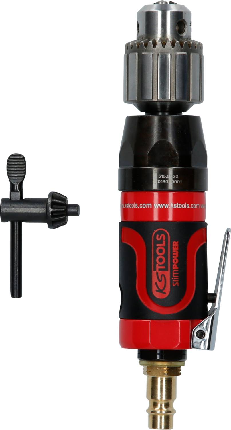 Machine à percer pneumatique avec boîtier rouge et noir, équipée d'une clé, adaptée aux travaux de perçage précis dans les environnements d'atelier.