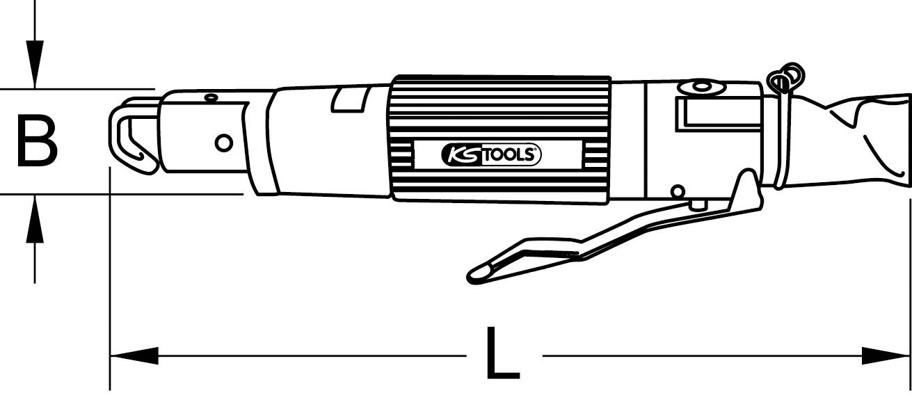 Dessin technique d'un outil avec le logo KSTools, indiquant les dimensions B et L pour mesurer ses caractéristiques.