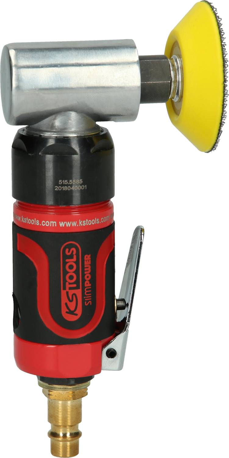 Un meuleuse d'angle rouge et noir avec un pad de ponçage jaune, une tête en métal et un raccordement pneumatique.