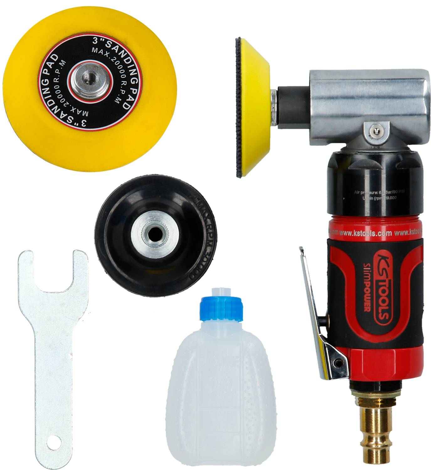 'Un meuleuse pneumatique rouge, noire et grise avec un pad de ponçage jaune et noir, incluant une bouteille d'huile et une clé à vis.'