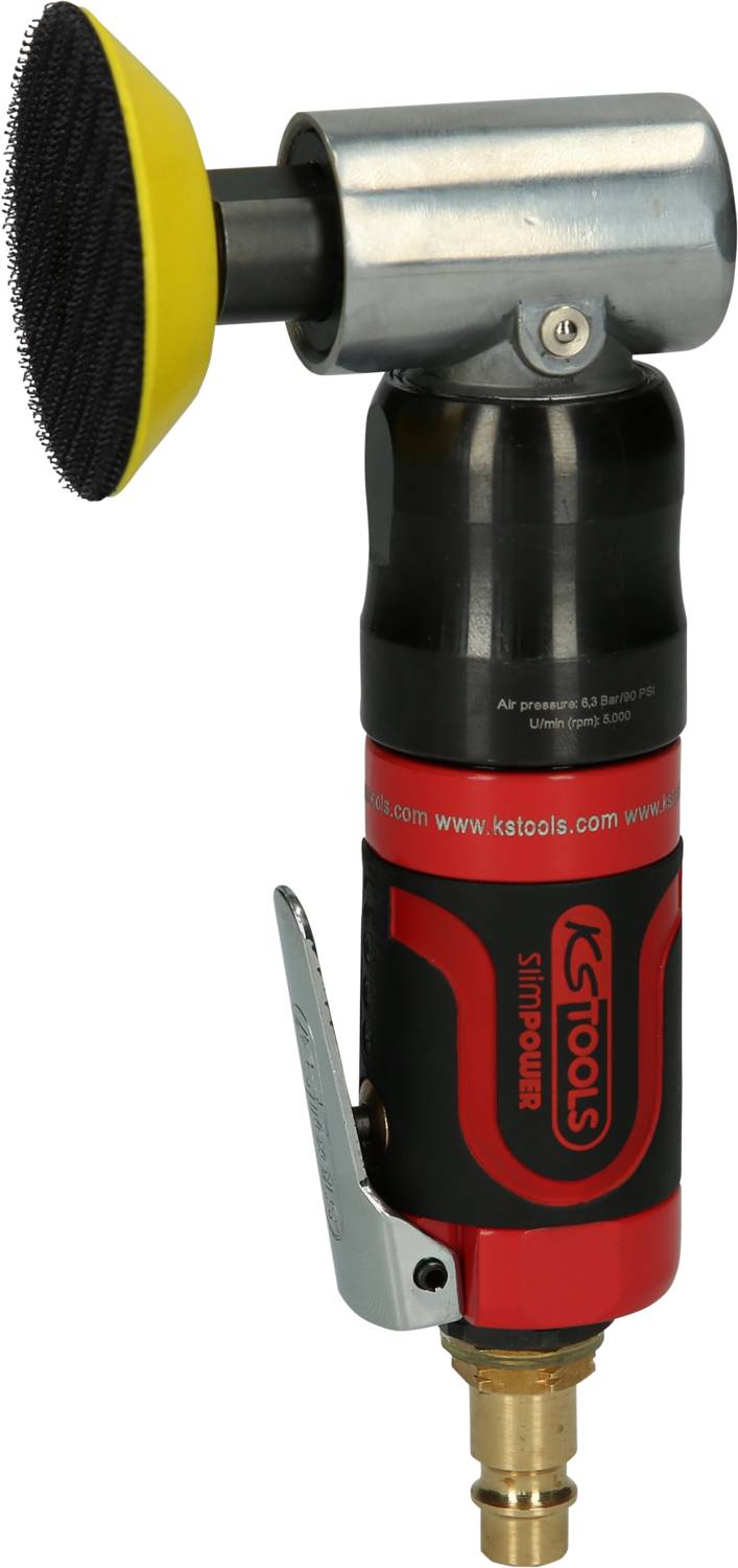 L'illustration montre un outil pneumatique à air comprimé avec un boîtier rouge et un plateau de polissage jaune, adapté aux travaux de ponçage.