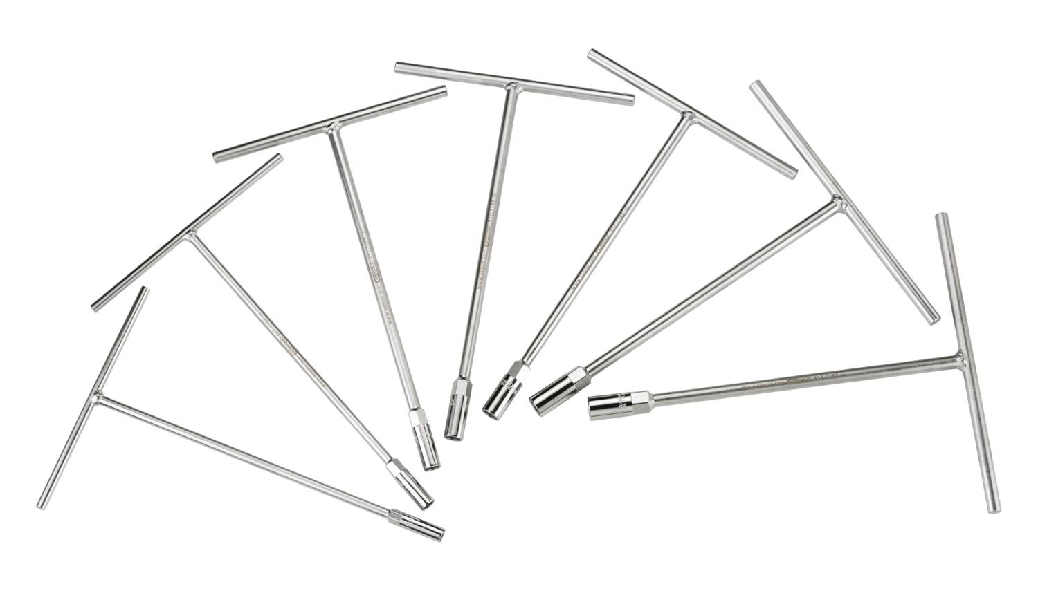 Un ensemble de sept clés à cliquet de différentes tailles sur un fond blanc, adaptées pour dévisser et serrer des boulons et des écrous.