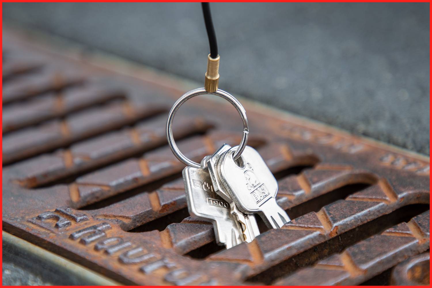 Un trousseau de deux clés pend à un ruban noir suspendu au-dessus d'une grille rouillée.