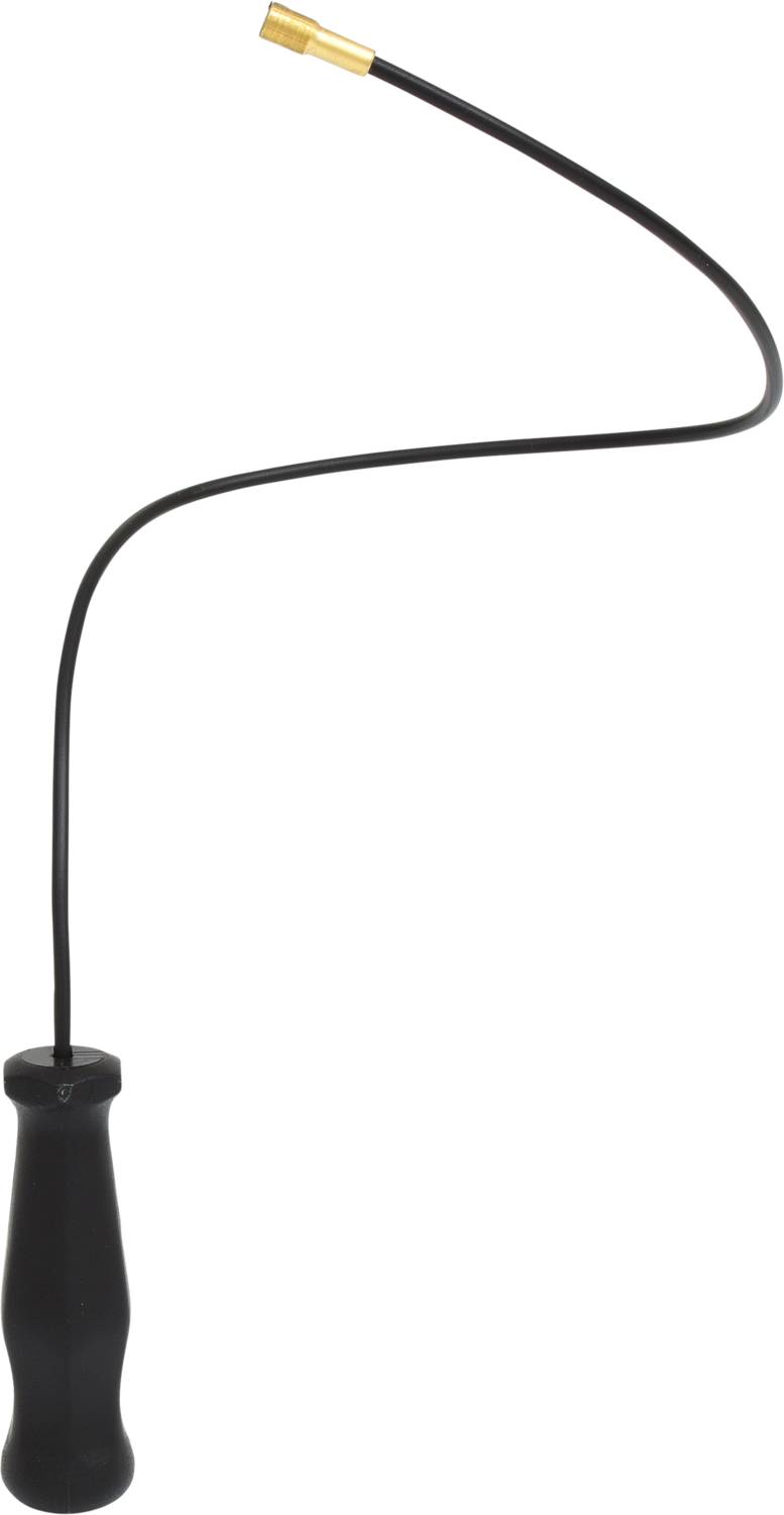 Une poignée noire avec une tige métallique longue et flexible, se terminant par une extrémité dorée, probablement un outil.