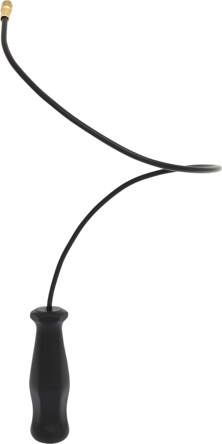 Un raccord de tuyau noir flexible avec poignée et embout couleur laiton, probablement utilisé pour des travaux de plomberie.