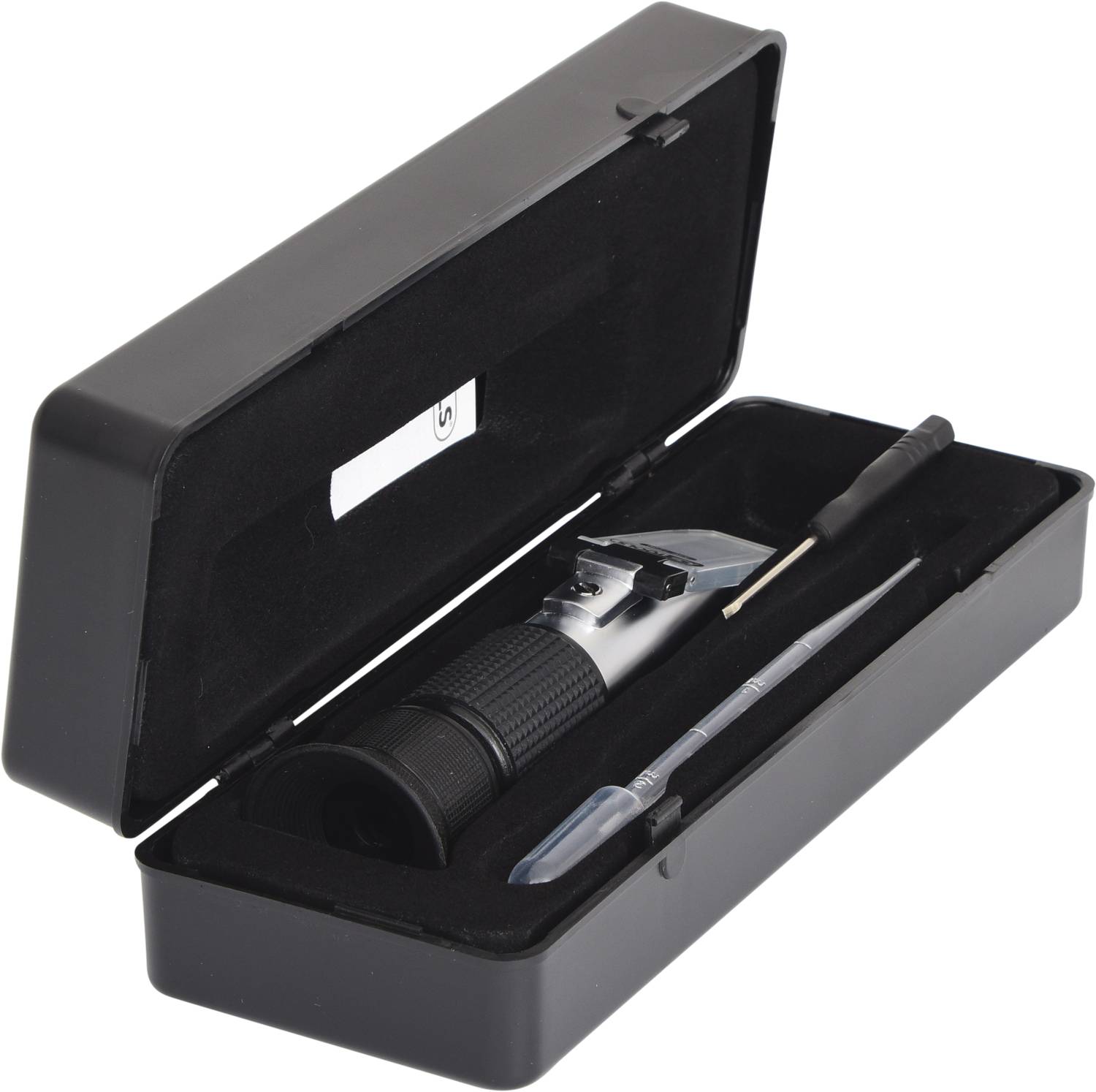 Un réfractomètre portable dans un étui noir ouvert, accompagné d'une petite pipette et d'un tournevis.