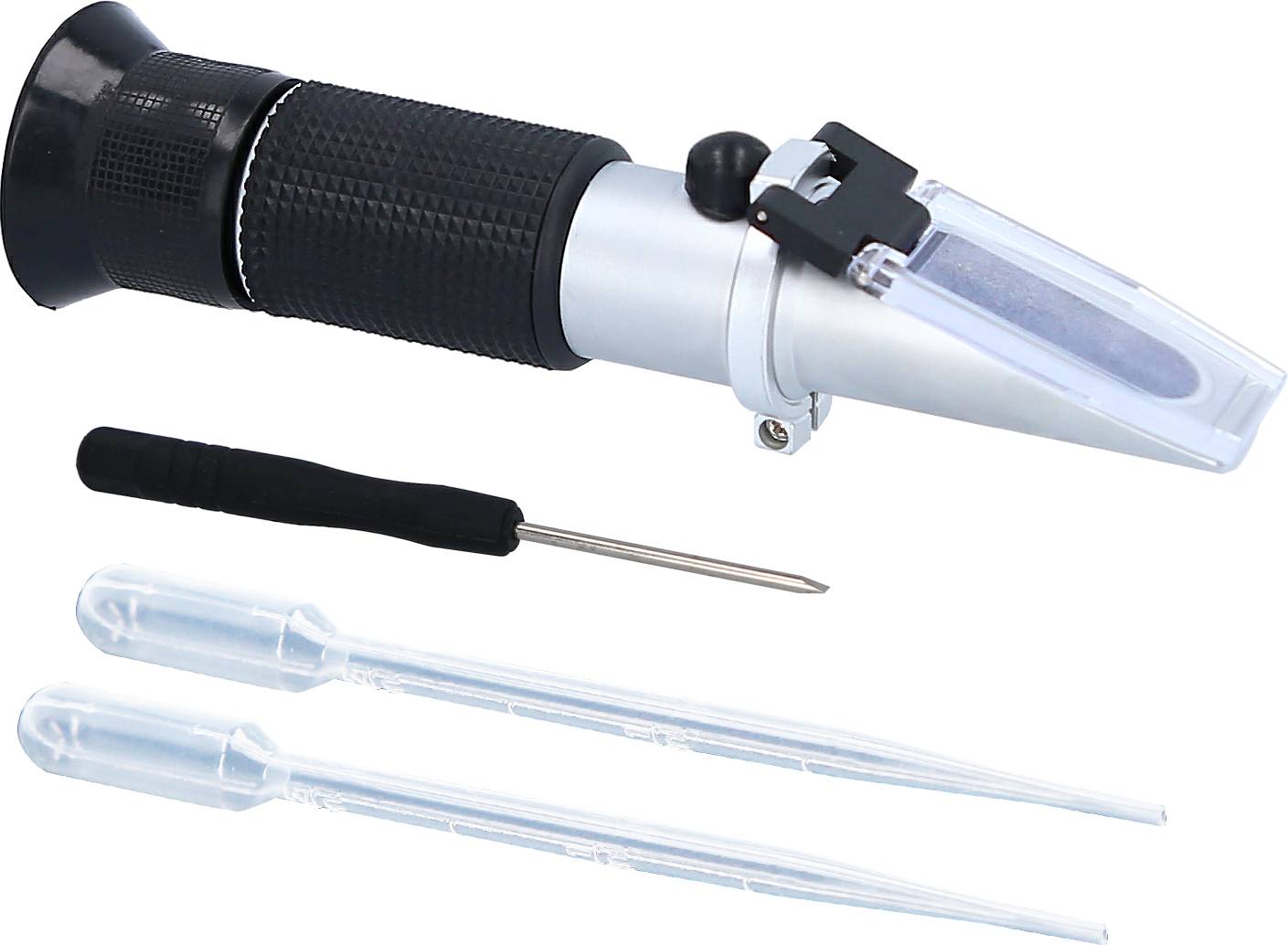 Réfractomètre avec pipettes et tournevis, utilisé pour mesurer la concentration de sucre ou de sel dans les liquides.