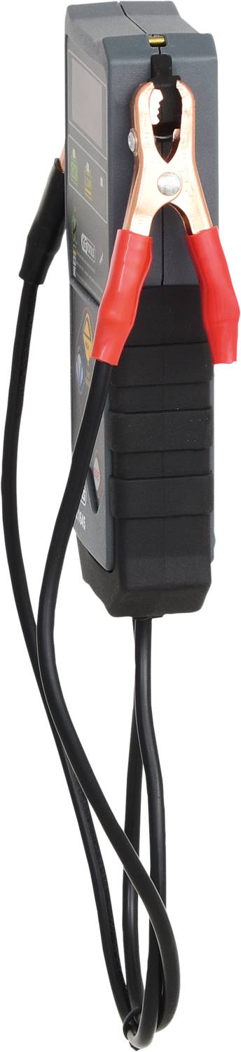 Testeur de batterie avec câble rouge et noir, utilisé pour vérifier l'état de charge des batteries.