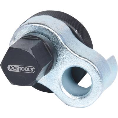 Clé à molette en métal avec surface de vissage hexagonale noire et poignée annulaire argentée.