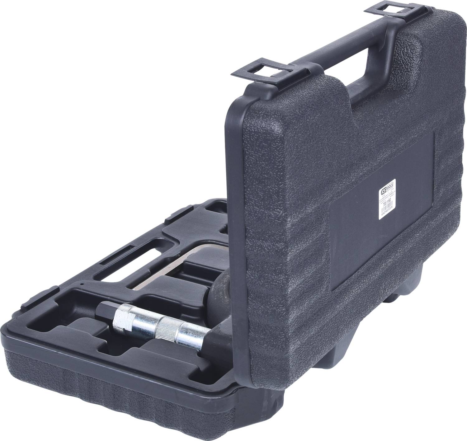 Une mallette en plastique noir contenant des outils, dont un grand marteau et divers embouts, rangés dans des compartiments moulés.