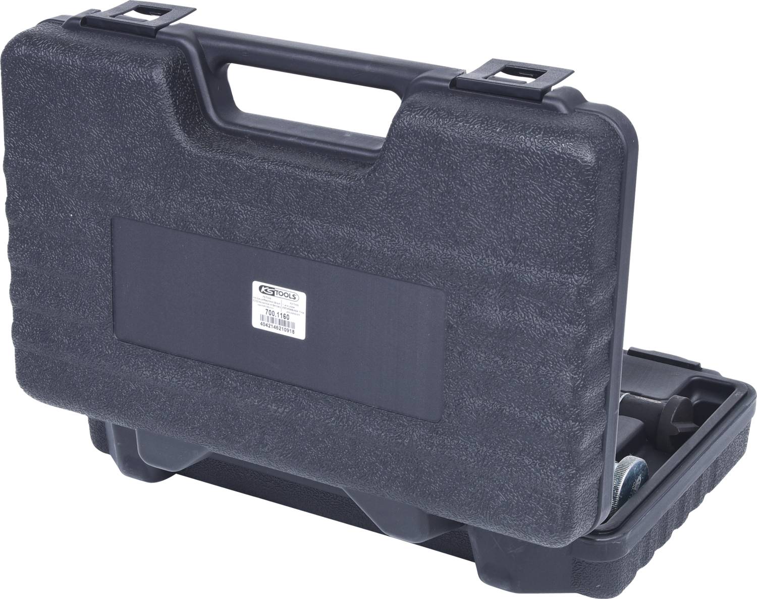 Valise rigide noire avec poignée, partiellement ouverte, montrant des compartiments intérieurs pour outils ou équipement.