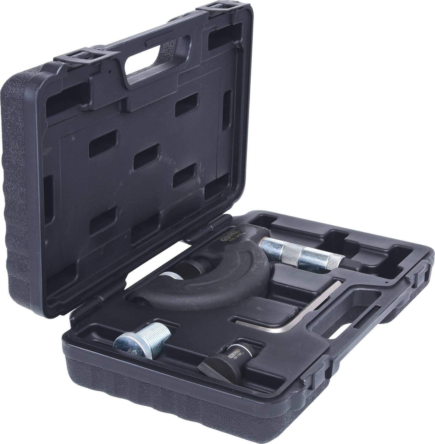 Une valise à outils noire ouverte contenant un ensemble d'extracteurs à rotule, composé de pièces métalliques robustes et de raccords.