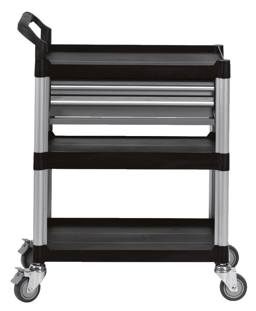 Un chariot noir à trois étagères et quatre roues, adapté pour le transport d'outils ou de matériaux.