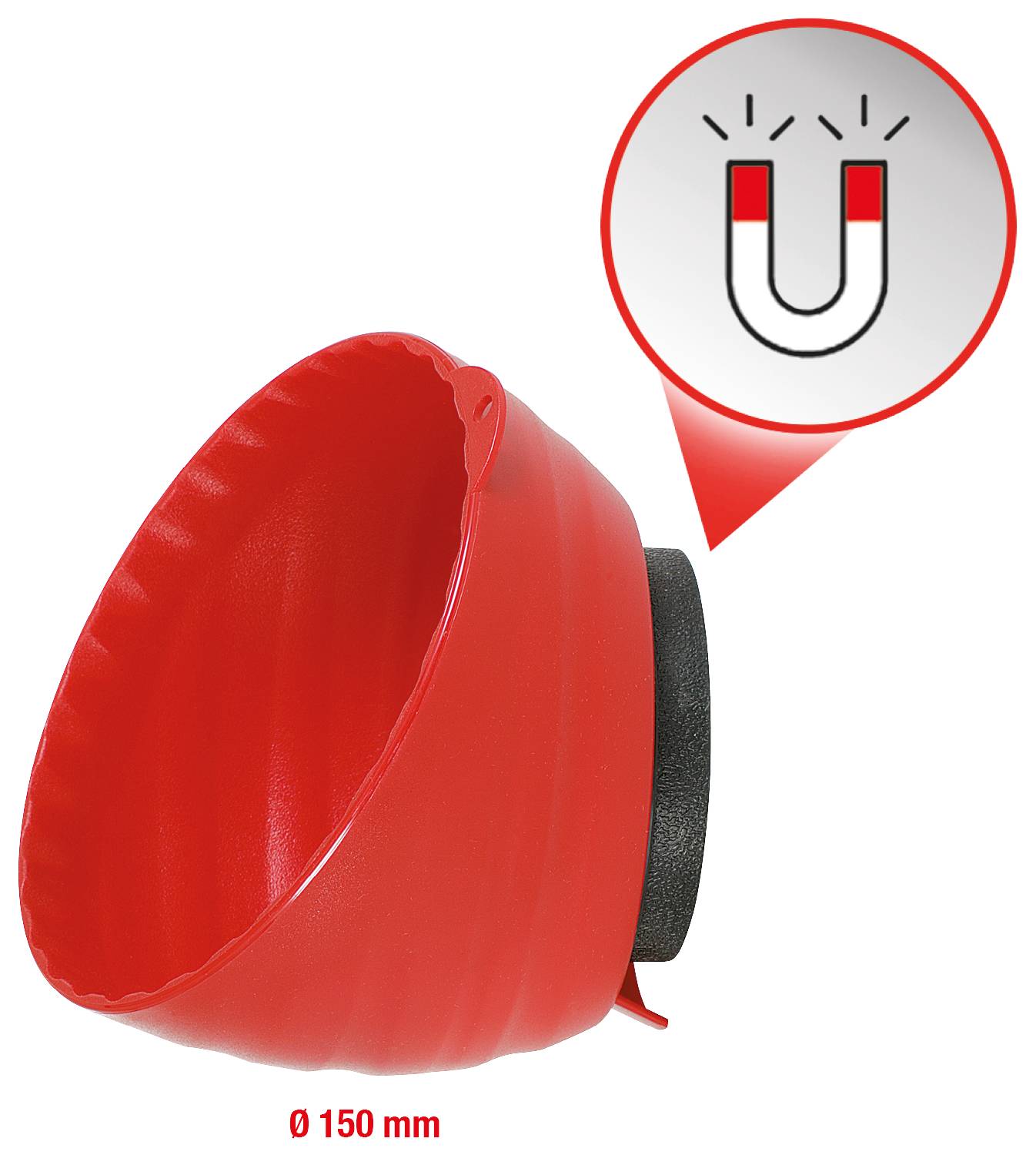 Bac de récupération rouge avec aimant, diamètre 150 mm. L'aimant maintient le bac fermement sur les surfaces métalliques.