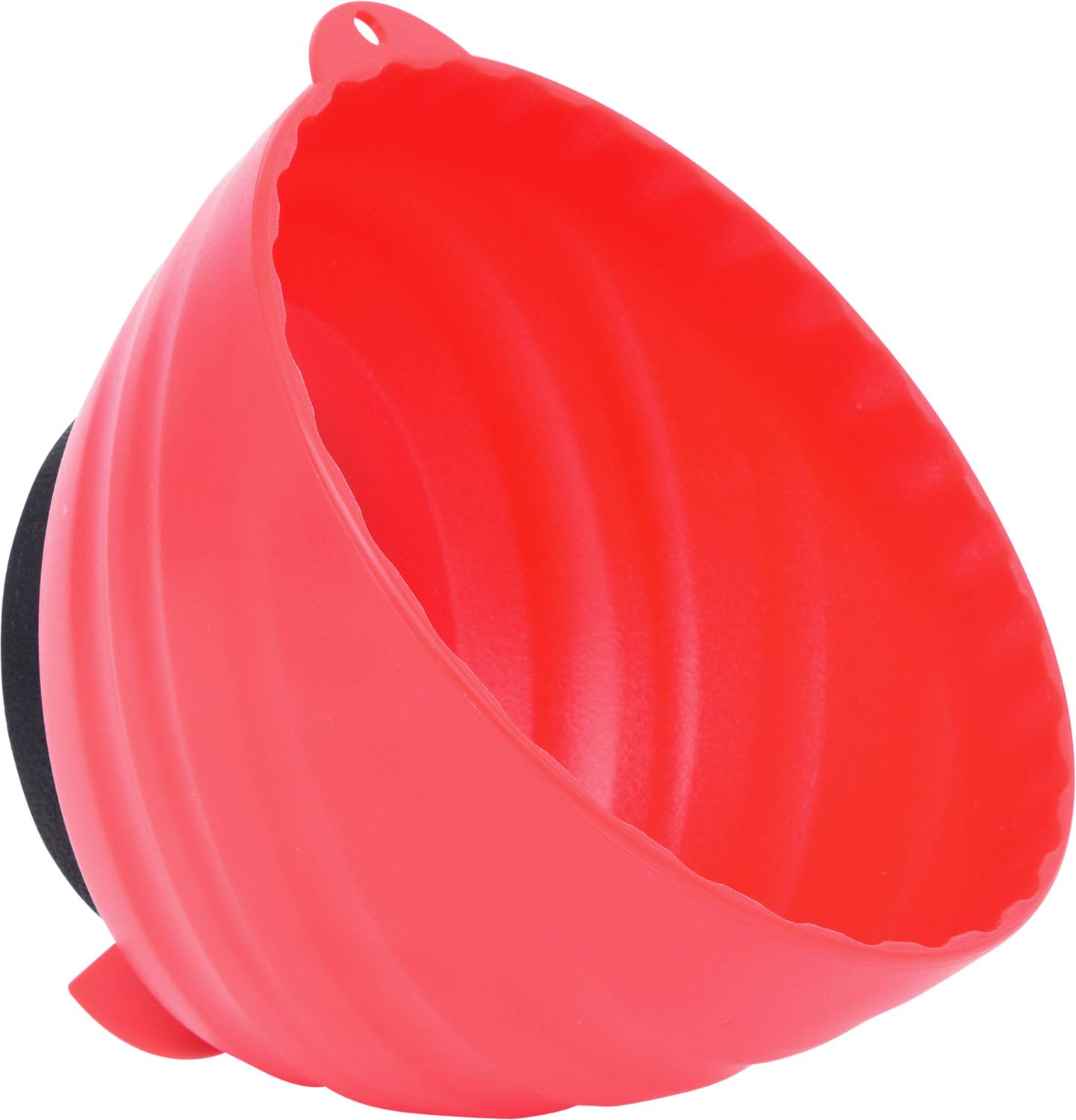 Entonnoir conique pliable en silicone rouge, utilisé pour le transvasement facile de liquides ou de matériaux fins.