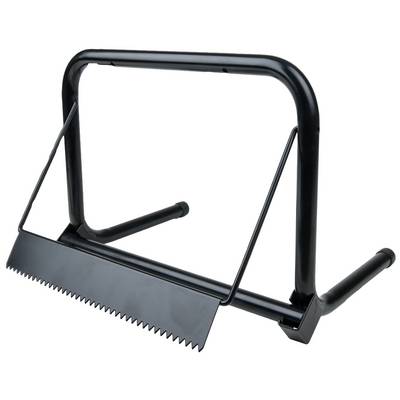 Un support métallique noir servant à maintenir des bûches lors du sciage. Il possède un bord dentelé et deux supports escamotables.