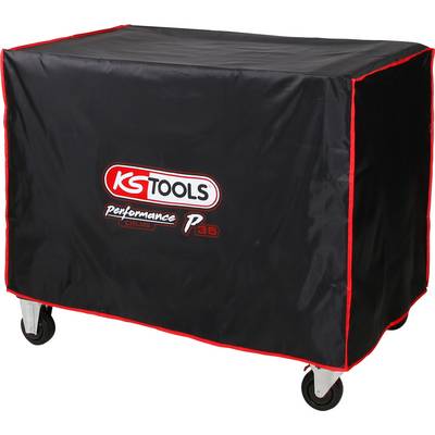 Couverture noire avec bordure rouge et logo 'KS Tools Performance P35' sur un chariot à outils mobile.