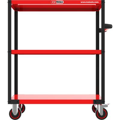 Chariot à outils rouge avec trois étagères et quatre roulettes, adapté pour le transport des outils. Logo 'KS Tools' sur l'étagère supérieure.